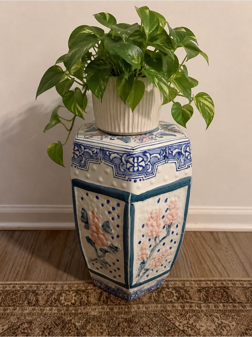 Hexagonal Blue and Pink Floral Ceramic Garden Stool